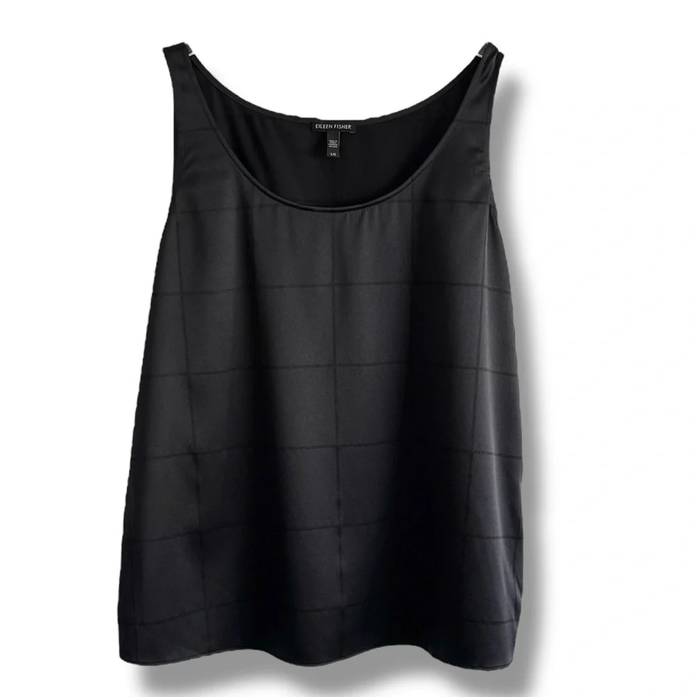 Eileen Fisher Windowpane Pattern Stretch Black Silk Business Shell Tank Top SZ L - Picture 5 of 5